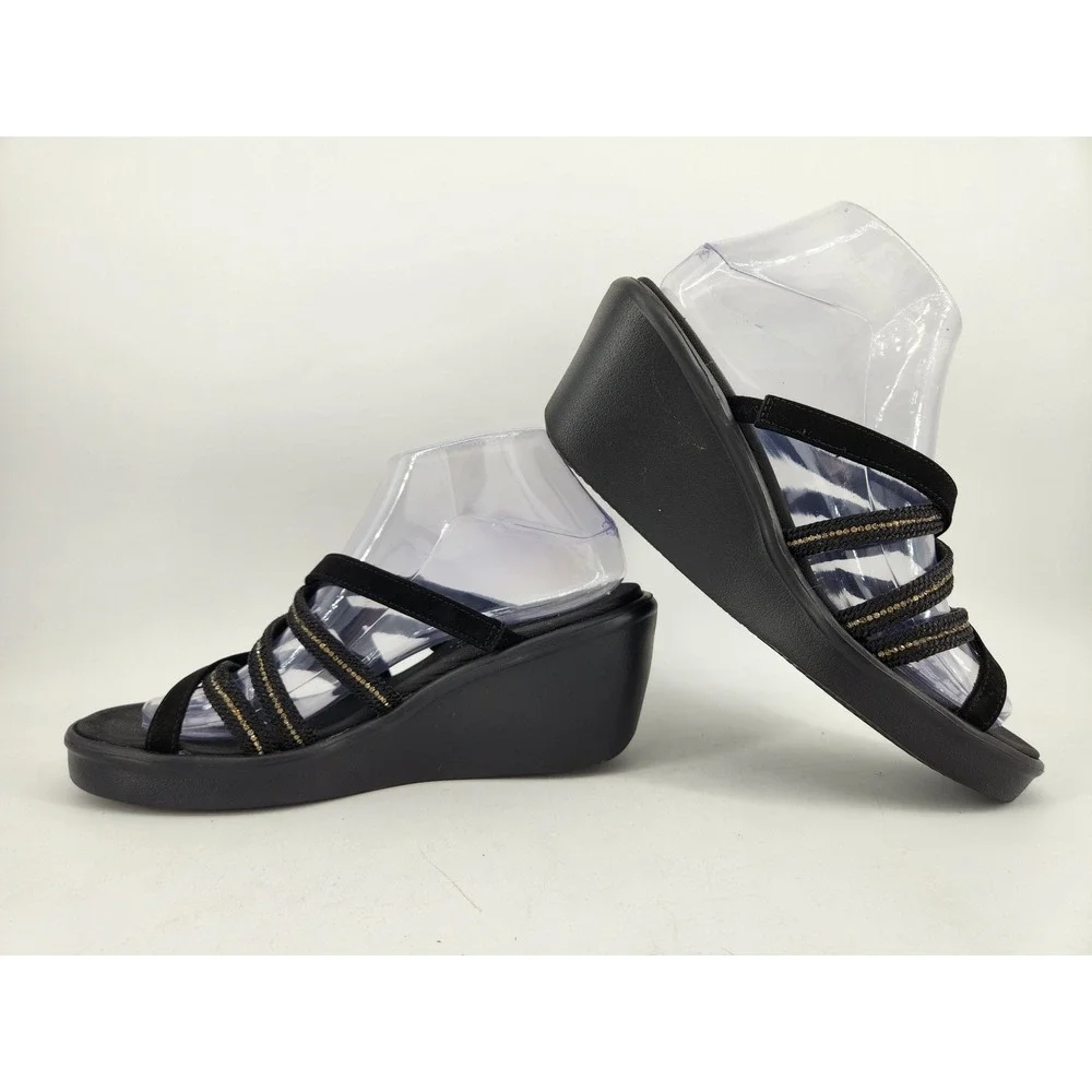 Skechers Cali Rumble On Classy Way Wedge Sandals Womens 7 Black Strappy Shimmer